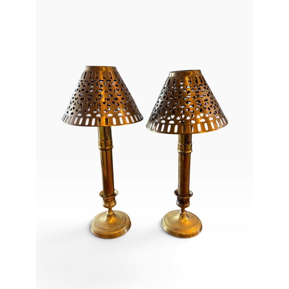Vintage Pair Solid Brass Pierced Shade Candle Lamps Reticulated Table Decor 2pc
